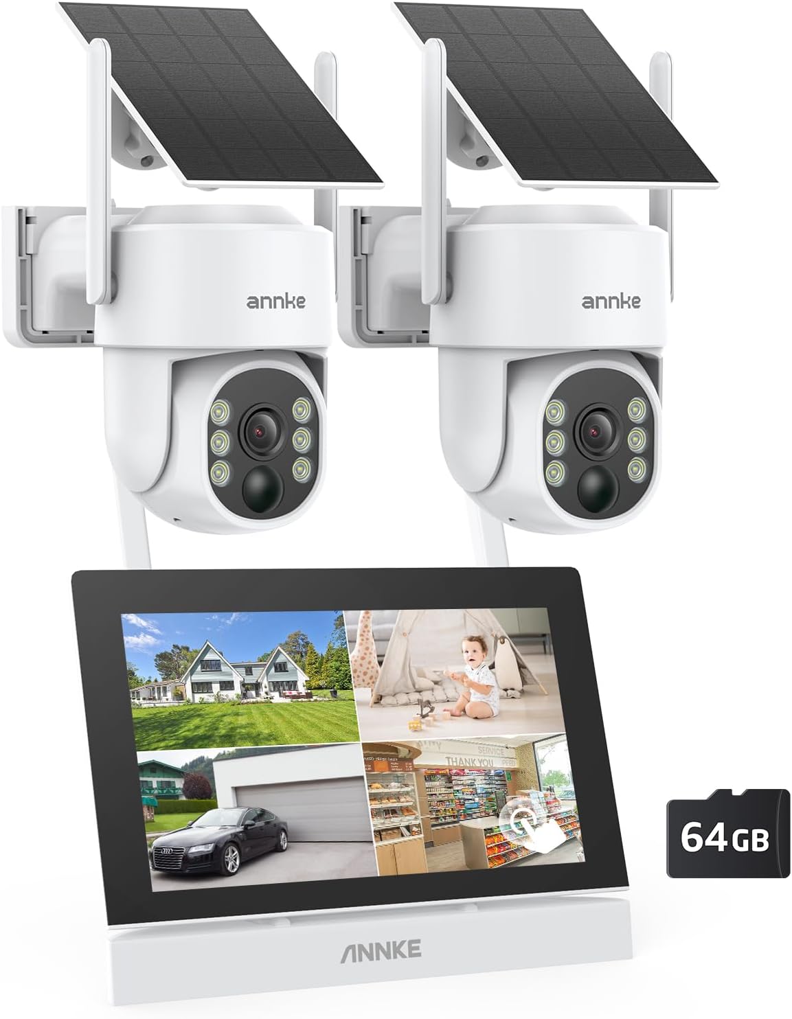 ANNKE kit de vigilancia solar - 2 cámaras PT de 4 MP con monitor táctil de 7 pulgadas - NVR de 4 canales y vídeo 5 MP - Visión nocturna en color y audio bidireccional