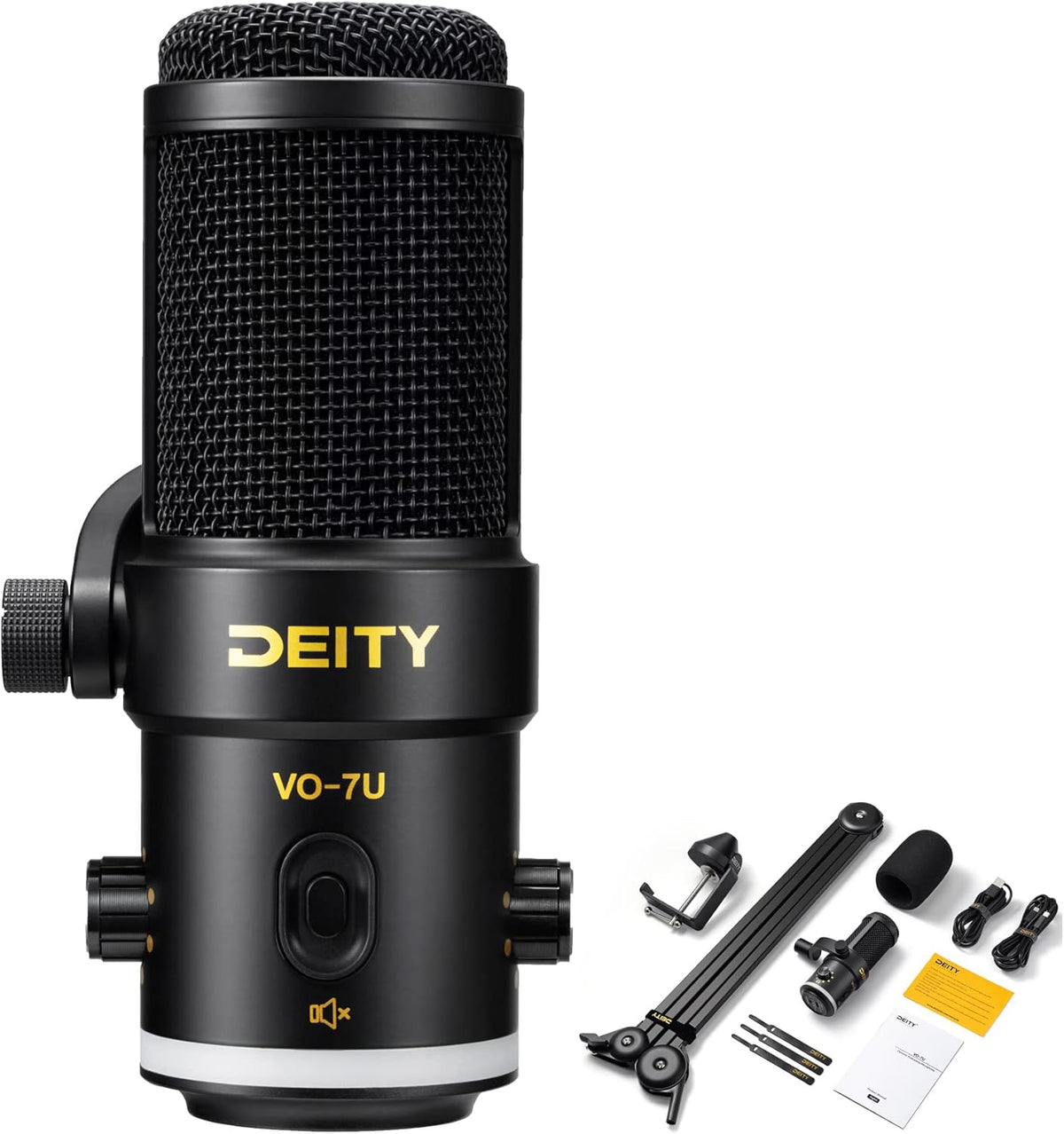Deity VO 7U - Micrófono USB para podcast streaming gaming y karaoke - Salida de monitor de 3,5 mm y patrón unidireccional - Incluye brazo articulado para escritorio y grabación