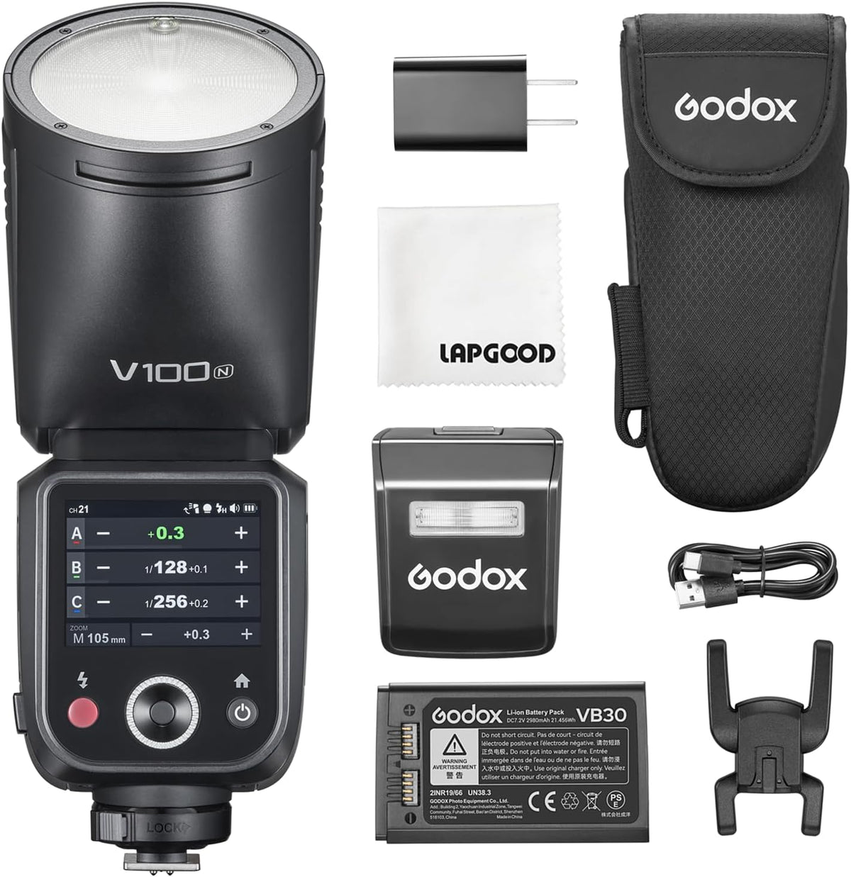 Godox V100 N - Flash TTL de 100 Ws para cámaras Nikon - Cabezal redondo HSS 1 a 8000 s y sistema X 2,4 GHz - Batería 2980 mAh y flash auxiliar SU 1 incluido