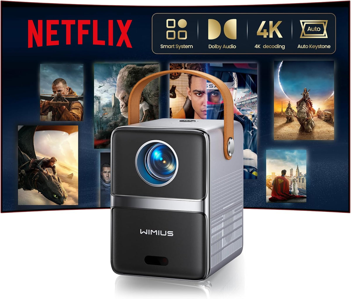WiMiUS mini proyector portátil - Full HD 1080P con Netflix y Dolby Audio - Enfoque electrónico corrección automática WiFi Bluetooth - HDMI ARC para cine educación y gaming