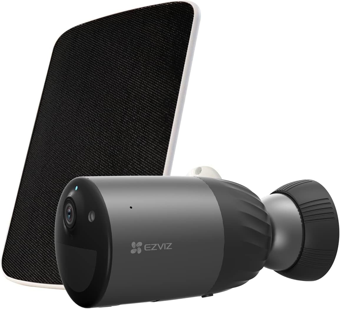 EZVIZ BC1C eLife - Cámara WiFi exterior 2K Plus de 4 MP con panel solar - Batería recargable y 32 GB eMMC integrados - Visión nocturna en color audio bidireccional y control por app