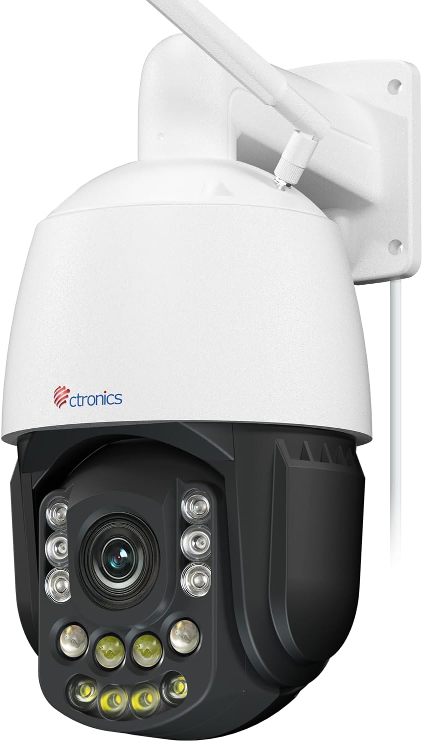 Ctronics 870C - Cámara PTZ exterior 4K con zoom óptico 30 aumentos - Visión nocturna hasta 180 m y seguimiento automático - WiFi doble banda detección IA y almacenamiento TF