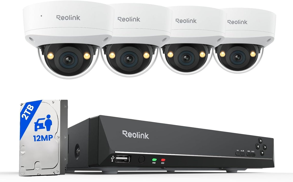 Reolink RLK8 1200V4 - Kit PoE de 4 cámaras exteriores 12 MP con NVR de 8 canales - Disco duro de 2 TB y ángulo de 145 grados - IK10 visión nocturna en color y audio bidireccional