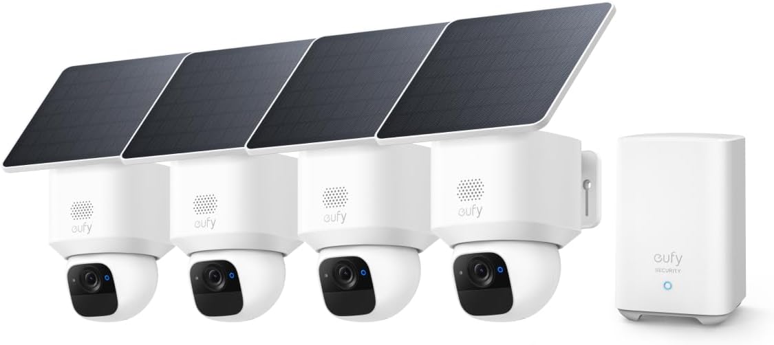 eufy Security SoloCam E30 kit de 4 cámaras - Vídeo 2K con panorámica de 360 grados - Seguimiento por IA y visión nocturna - Energía solar y compatibilidad con HomeBase S380