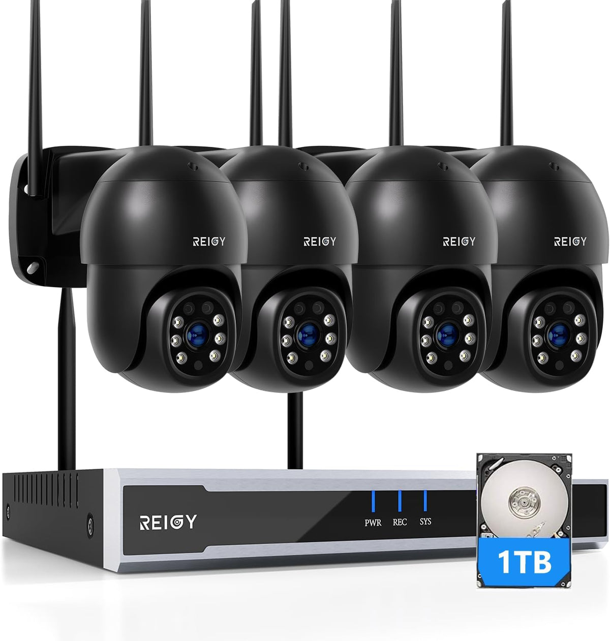 REIGY kit de vigilancia 8 MP - 4 cámaras PT 2160p con sistema 4K - NVR de 16 canales y disco duro de 1 TB - Visión nocturna en color y audio bidireccional