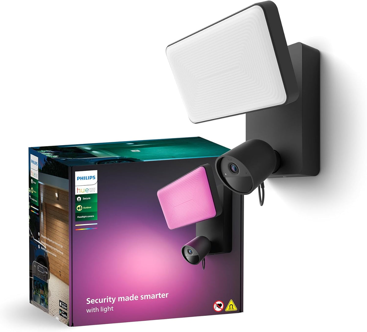 Philips Hue Secure cámara con foco LED - Vídeo 1080p para vigilancia exterior - Estructura metálica negra con sensor de movimiento - Audio bidireccional visión nocturna y control por app