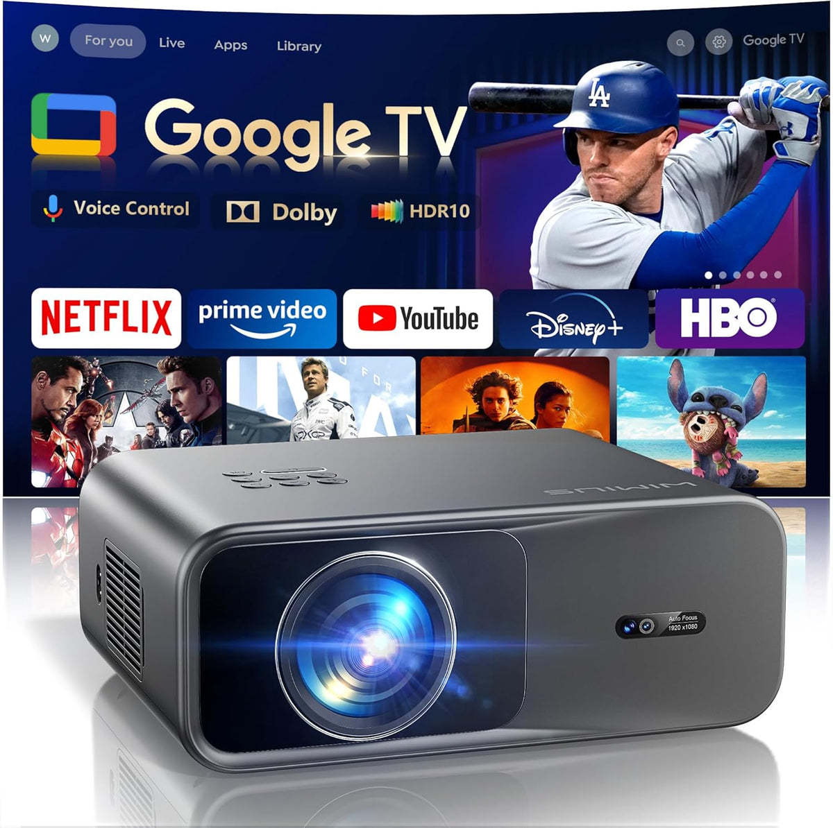 Proyector Google TV 1200 ANSI - Full HD 1080P nativo con Netflix Dolby y asistente de voz - WiFi Bluetooth HDMI USB y zoom de 50 a 100 por ciento - Enfoque y corrección automática