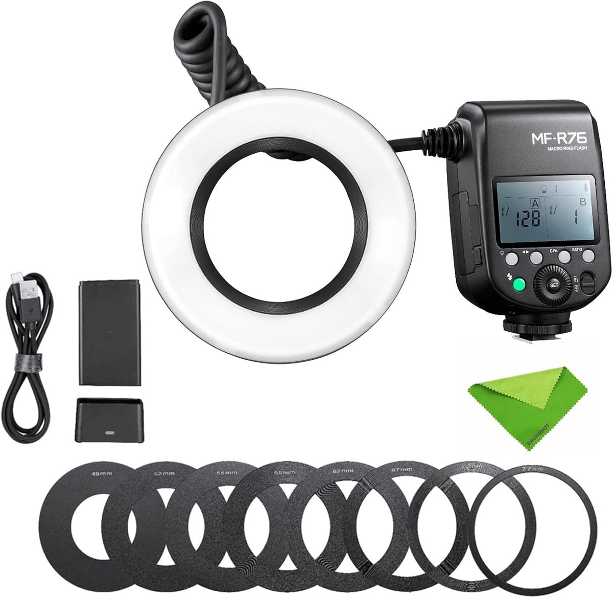 Godox MF R76 flash macro anular - Potencia de 76 Ws y número guía 14 m - Doble tubo con 660 destellos a máxima potencia - Ajuste de 1 a 128 hasta potencia completa