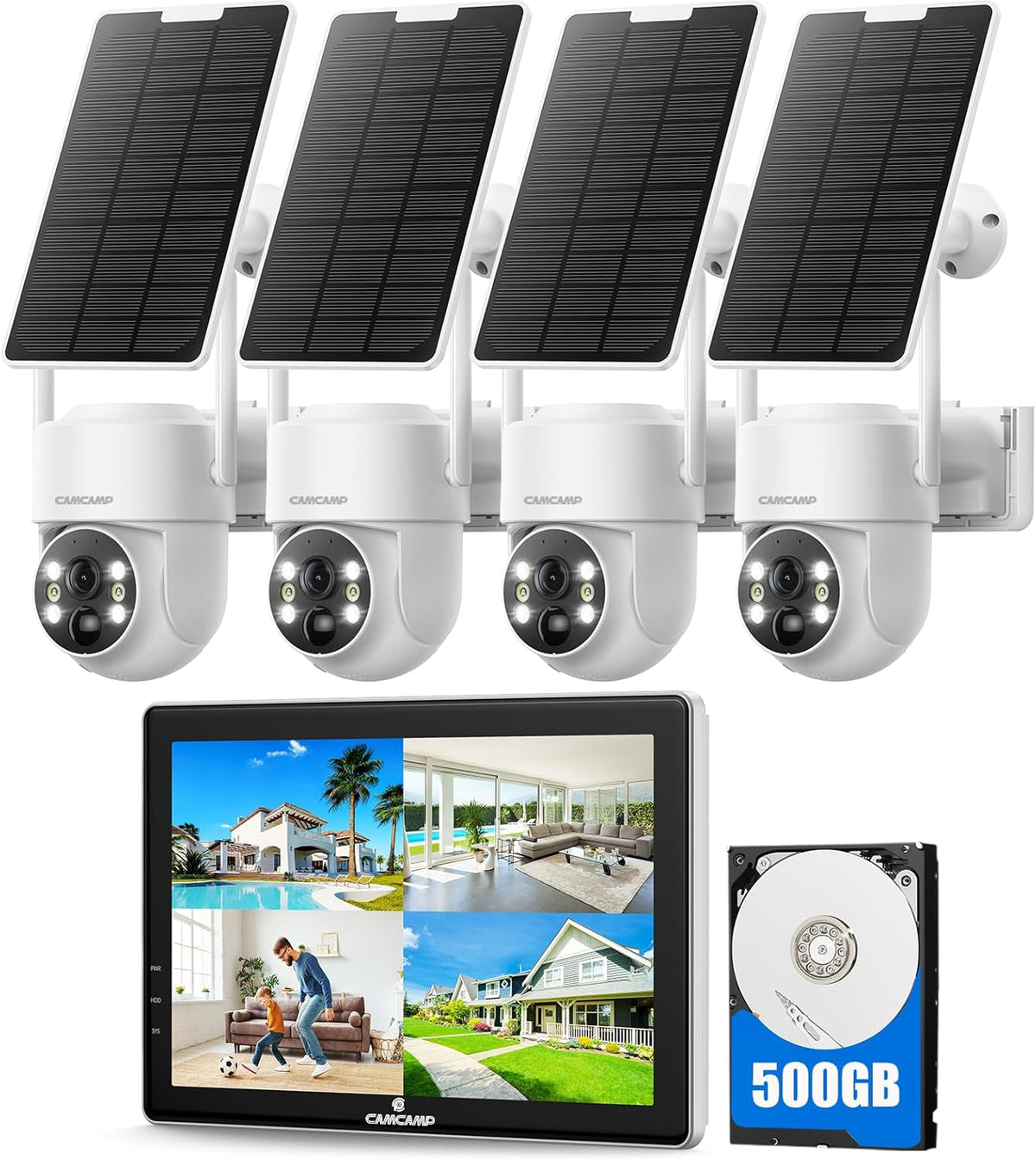 Camcamp kit solar de vigilancia 4 MP - Monitor de 10 pulgadas y NVR de 10 canales - Disco duro de 500 GB con visión nocturna en color - Audio bidireccional y salida HDMI