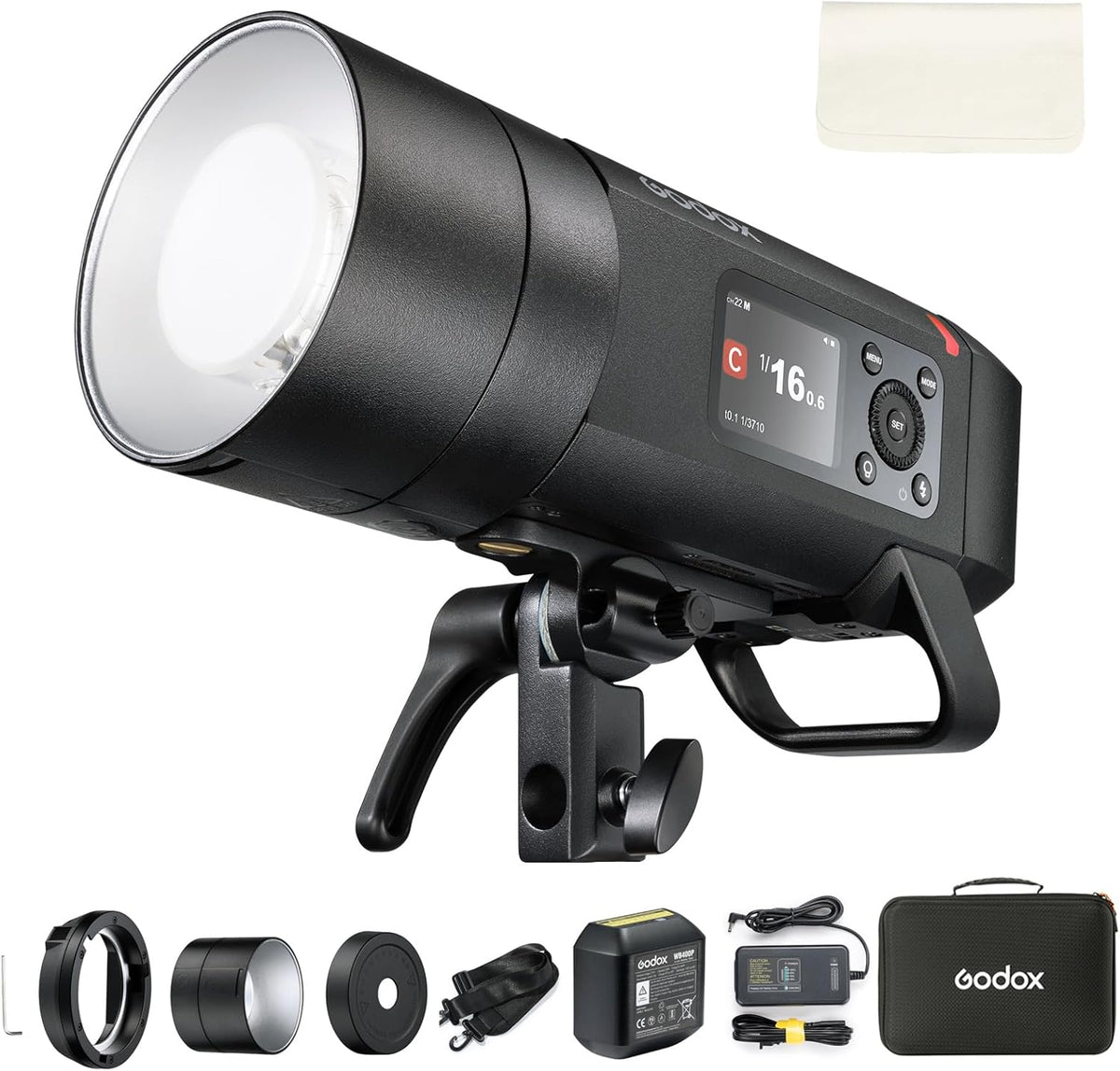 Godox AD400Pro II flash portátil - Potencia de 400 Ws y número guía 72 - TTL HSS 1 a 8000 s y reciclaje de 0,01 a 1 s - Sistema X 2,4 GHz y modelado bicolor 30 W