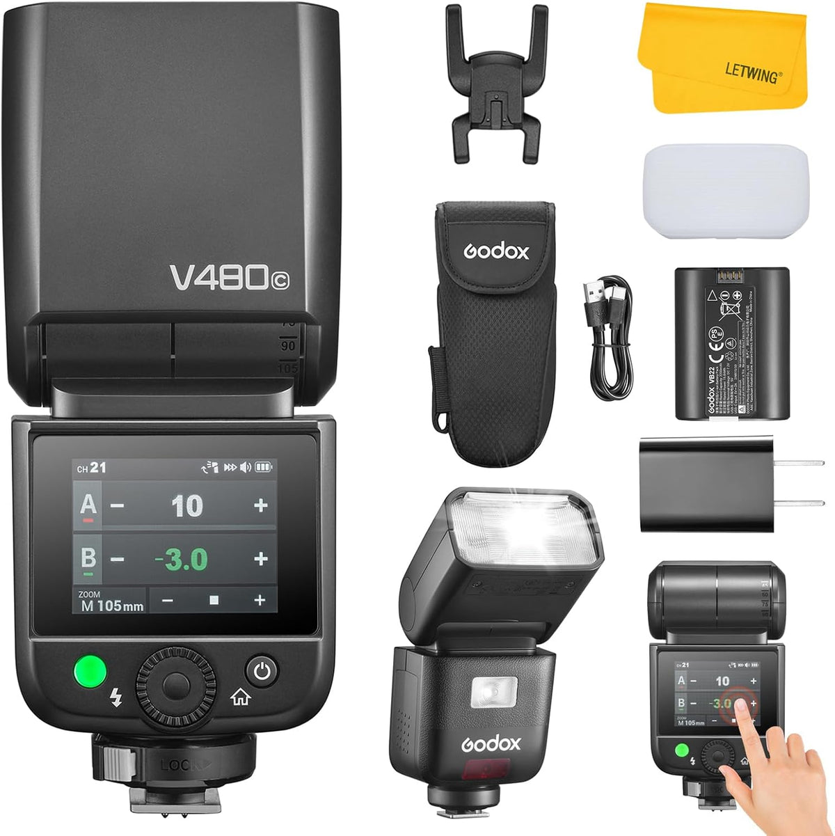 Godox V480 C - Flash TTL GN50 para cámaras Canon - HSS hasta 1 a 8000 s y reciclaje de 1,7 s - Sistema inalámbrico 2,4 GHz batería 2200 mAh y hasta 650 destellos