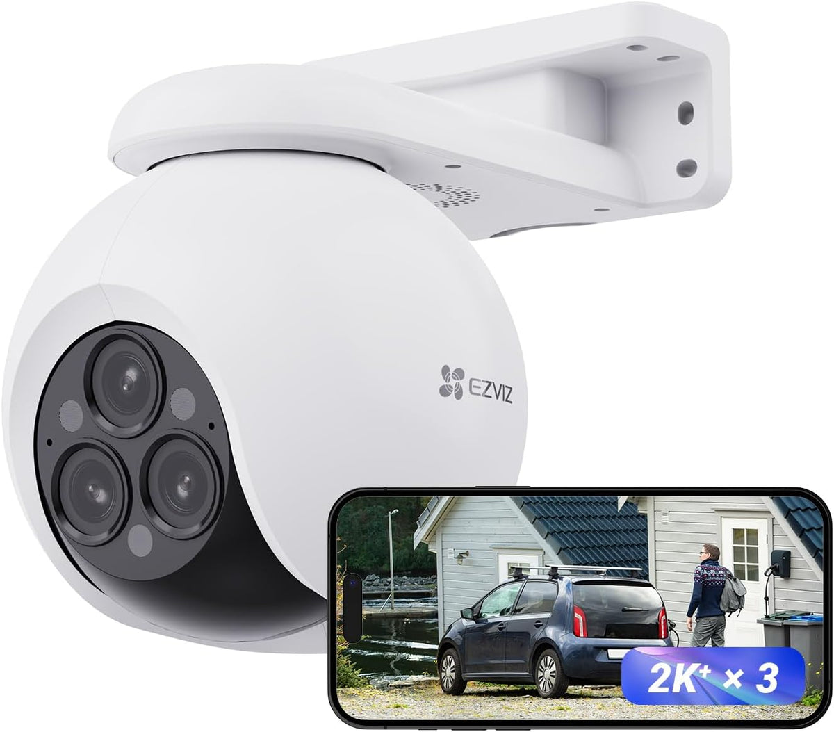 EZVIZ H80F Multi - Cámara exterior triple lente de 12 MP con 3 sensores 2K Plus - Cobertura 360 grados y zoom 12 aumentos - Visión nocturna en color IA sirena Alexa y Google