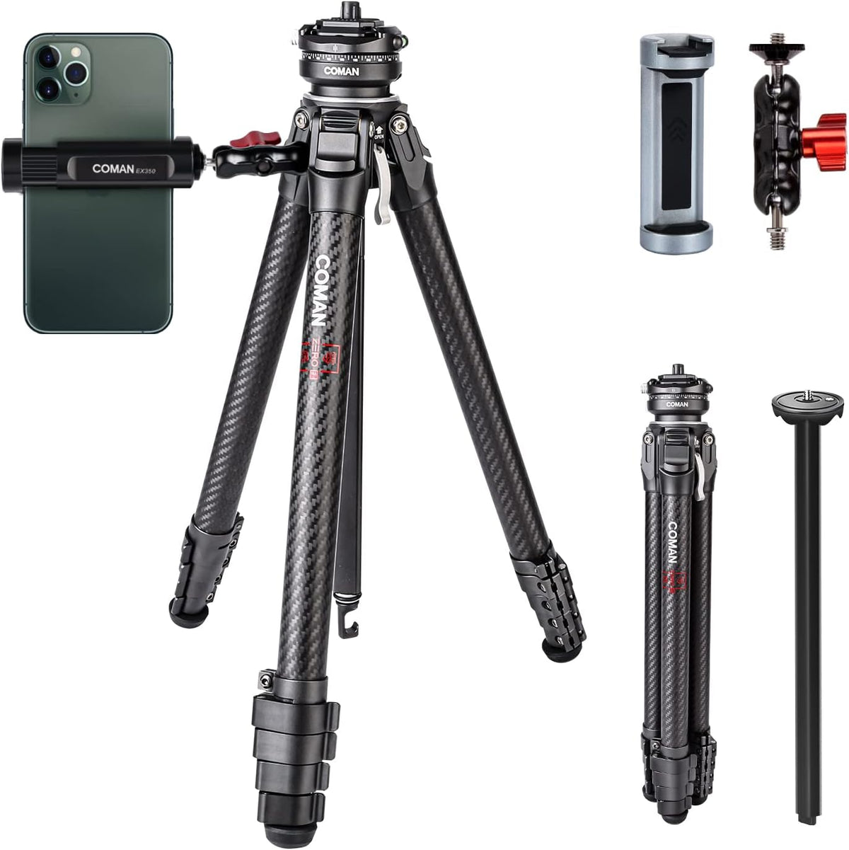 COMAN Zero F38 - Trípode de fibra de carbono con cabezal panorámico de 360 grados - Altura de 15,3 a 156,7 cm y carga 18 kg - Sistema F38 para DSLR cámara móvil y videocámara