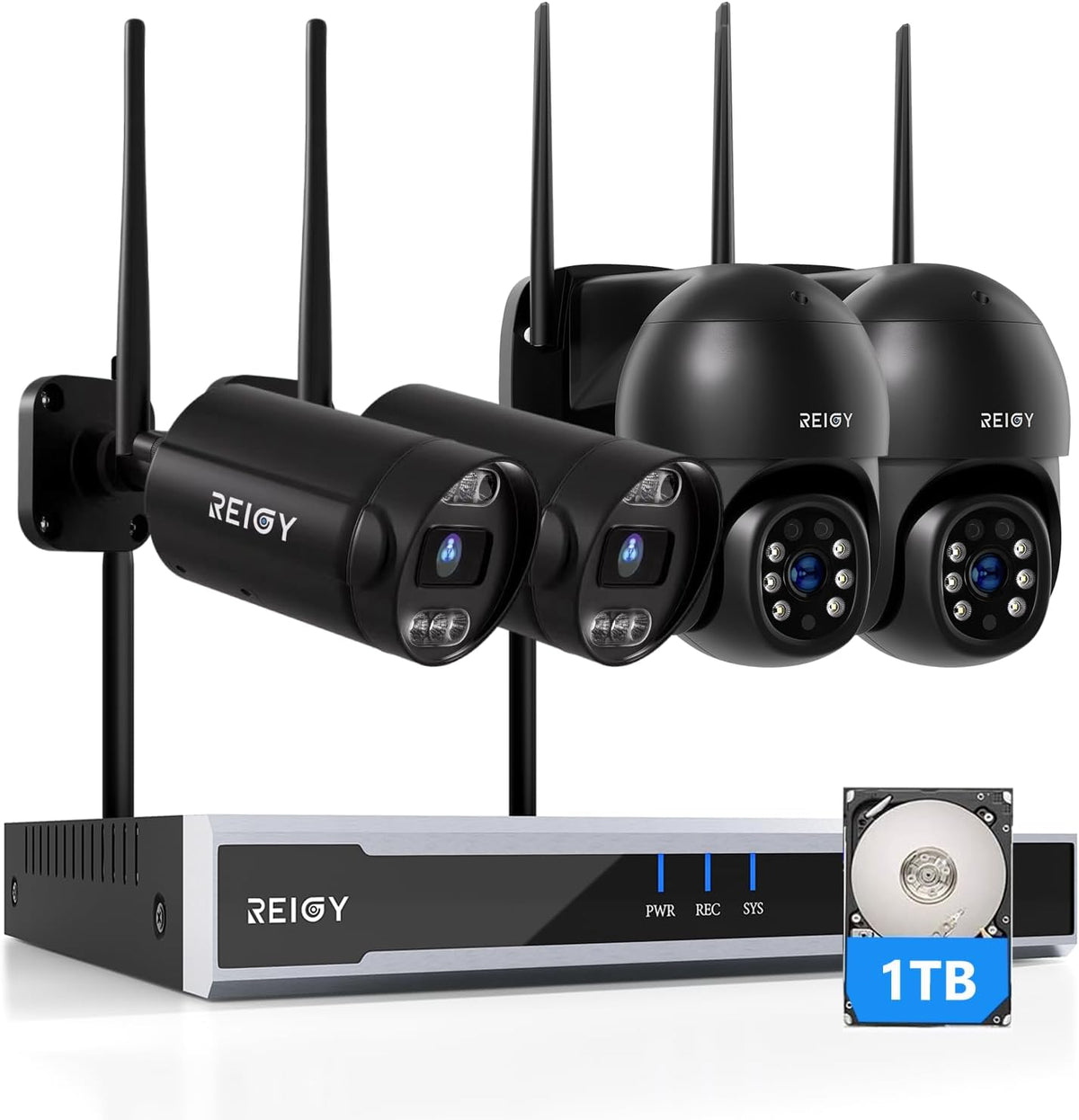 REIGY 8 MP - Kit 4K con 4 cámaras 2160P y NVR de 16 canales - Disco duro de 1 TB con 2 cámaras PT y 2 Bullet - Visión nocturna en color y seguimiento de movimiento