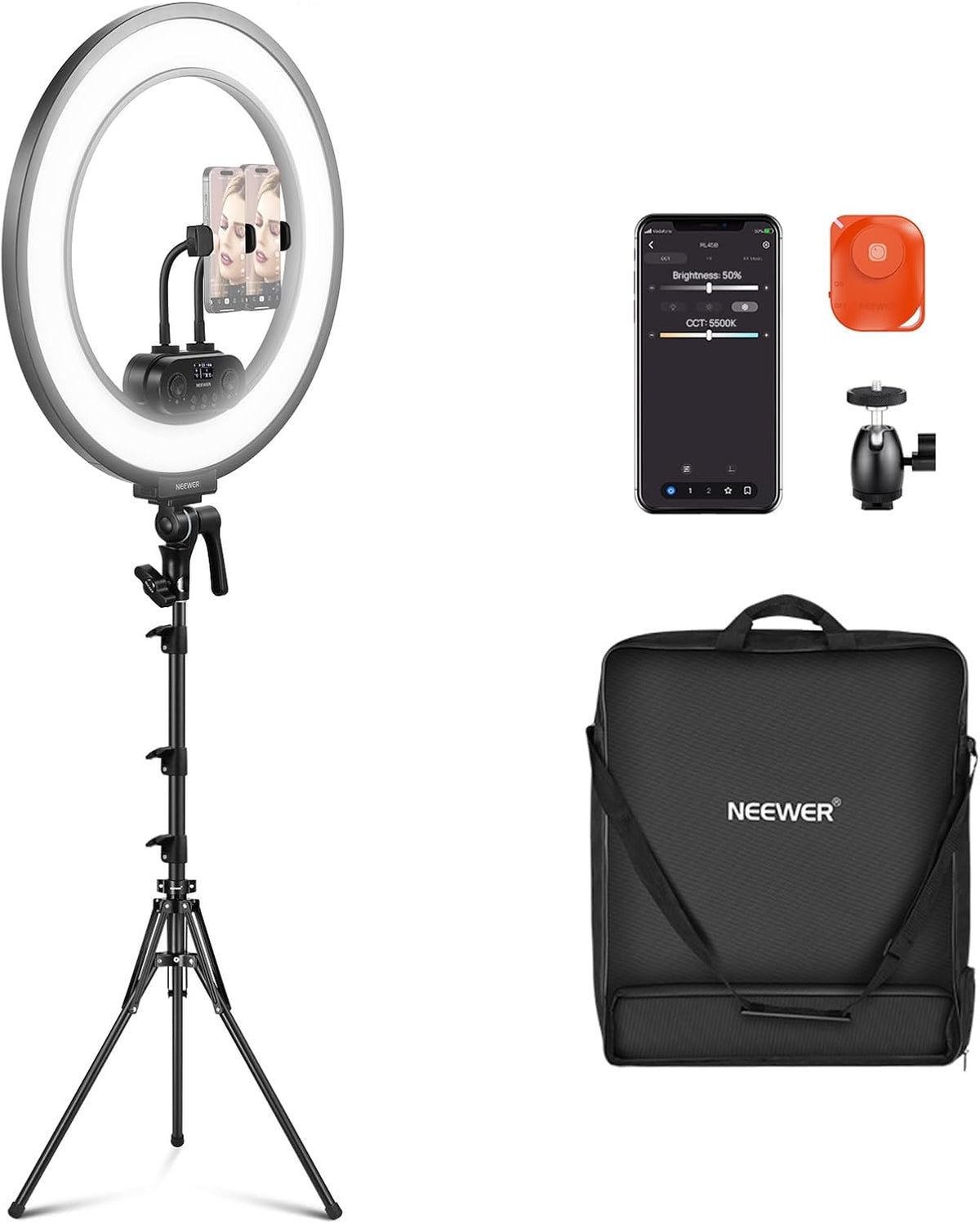 NEEWER RL45B aro de luz de 18 pulgadas - Potencia de 45 W y 3300 lux - Temperatura de 2900 a 7000 K con 12 escenas - App 2,4 GHz USB C y mando magnético