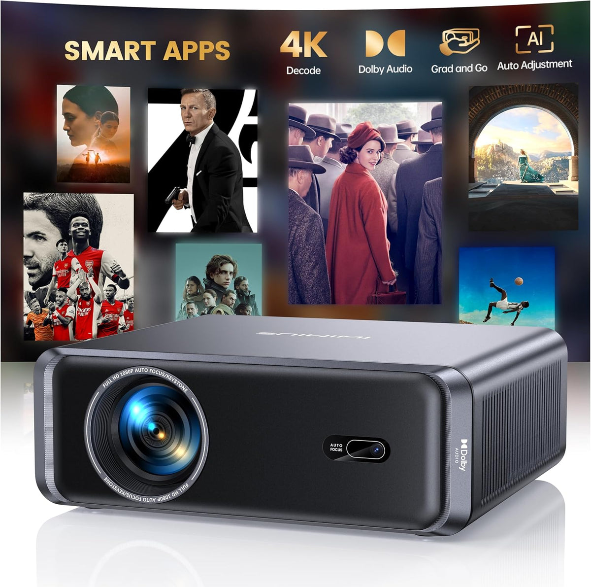 Proyector 4K inteligente portátil - Full HD 1080p y brillo de 1000 ANSI lm - Netflix Dolby HDR10 y WiFi 6 - Autoenfoque corrección trapezoidal Bluetooth HDMI ARC y USB