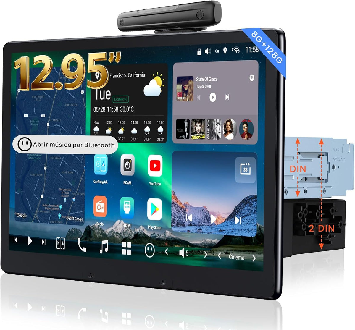 X10G129E radio Android QLED - Pantalla flotante de 12,9 pulgadas con 8 GB RAM y 128 GB - 4G LTE CarPlay Android Auto y doble Bluetooth - GPS doble cámara EQ y salida óptica
