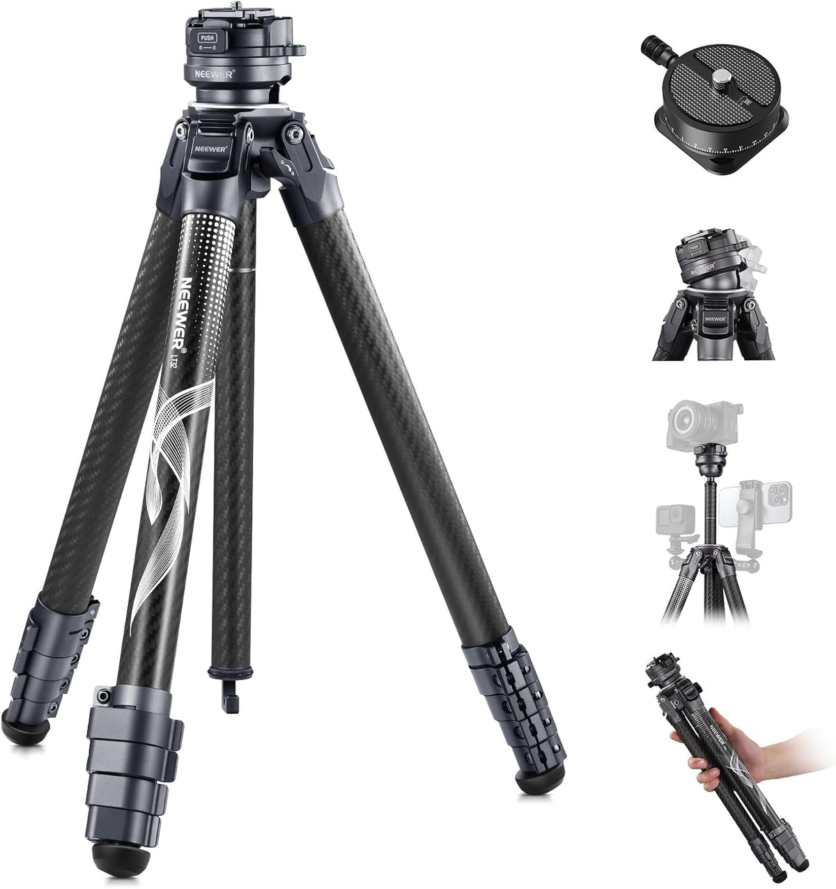 NEEWER LITETRIP LT32 - Trípode de viaje de fibra de carbono de 62 pulgadas - Base niveladora de más menos 15 grados y altura 157 cm - Placa Arca eje desmontable y carga de 22 libras
