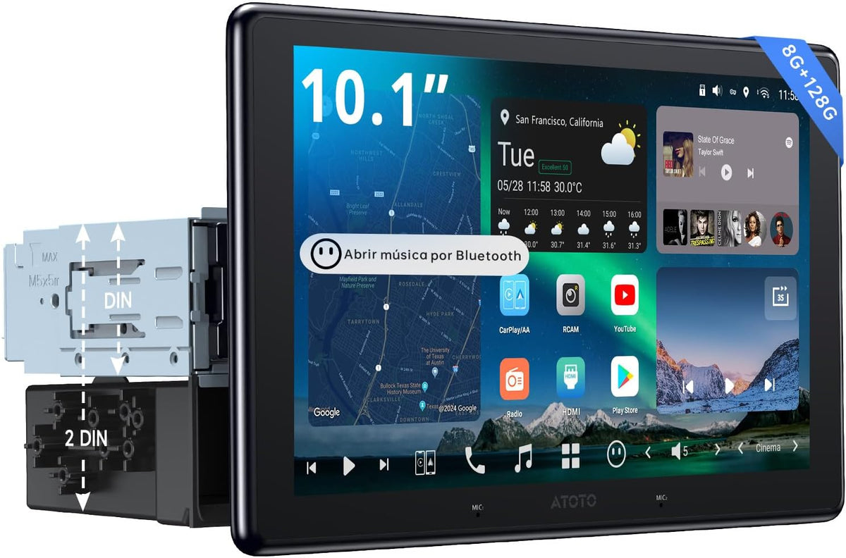 ATOTO X10G110E radio Android AI 1 DIN - Pantalla QLED flotante de 10 pulgadas con 8 GB RAM y 128 GB - CarPlay Android Auto inalámbricos - 4G LTE doble Bluetooth control por voz y ecualizador