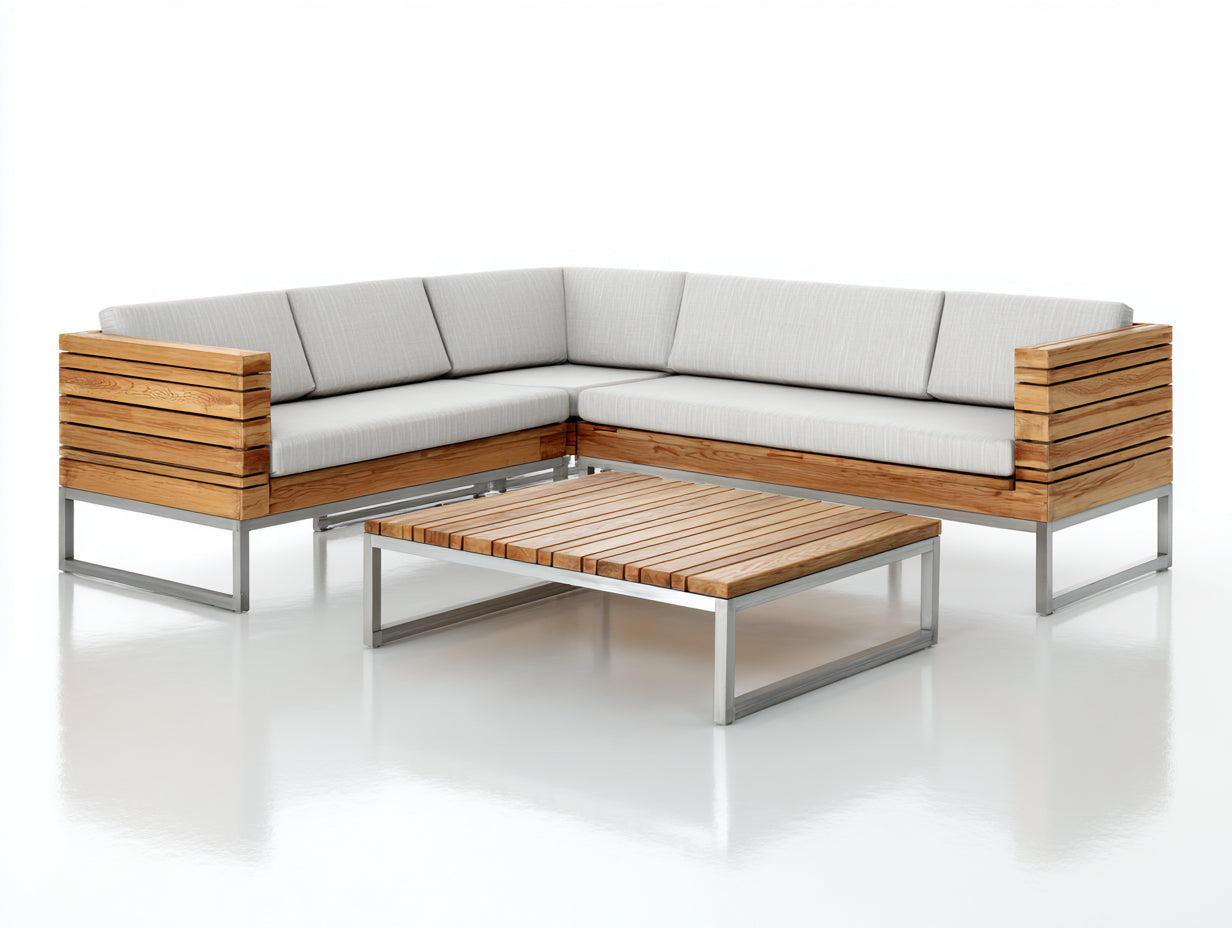 Sofás de exterior madera metal y tela 260x260x72 cm - roble-beige - diseño modular moderno con mesa
