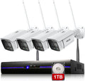 REIGY kit de cámaras de seguridad WiFi - 4 cámaras de 3 MP con vídeo 1296p y foco - NVR de 8 canales con disco duro de 1 TB - Visión nocturna en color y detección de movimiento