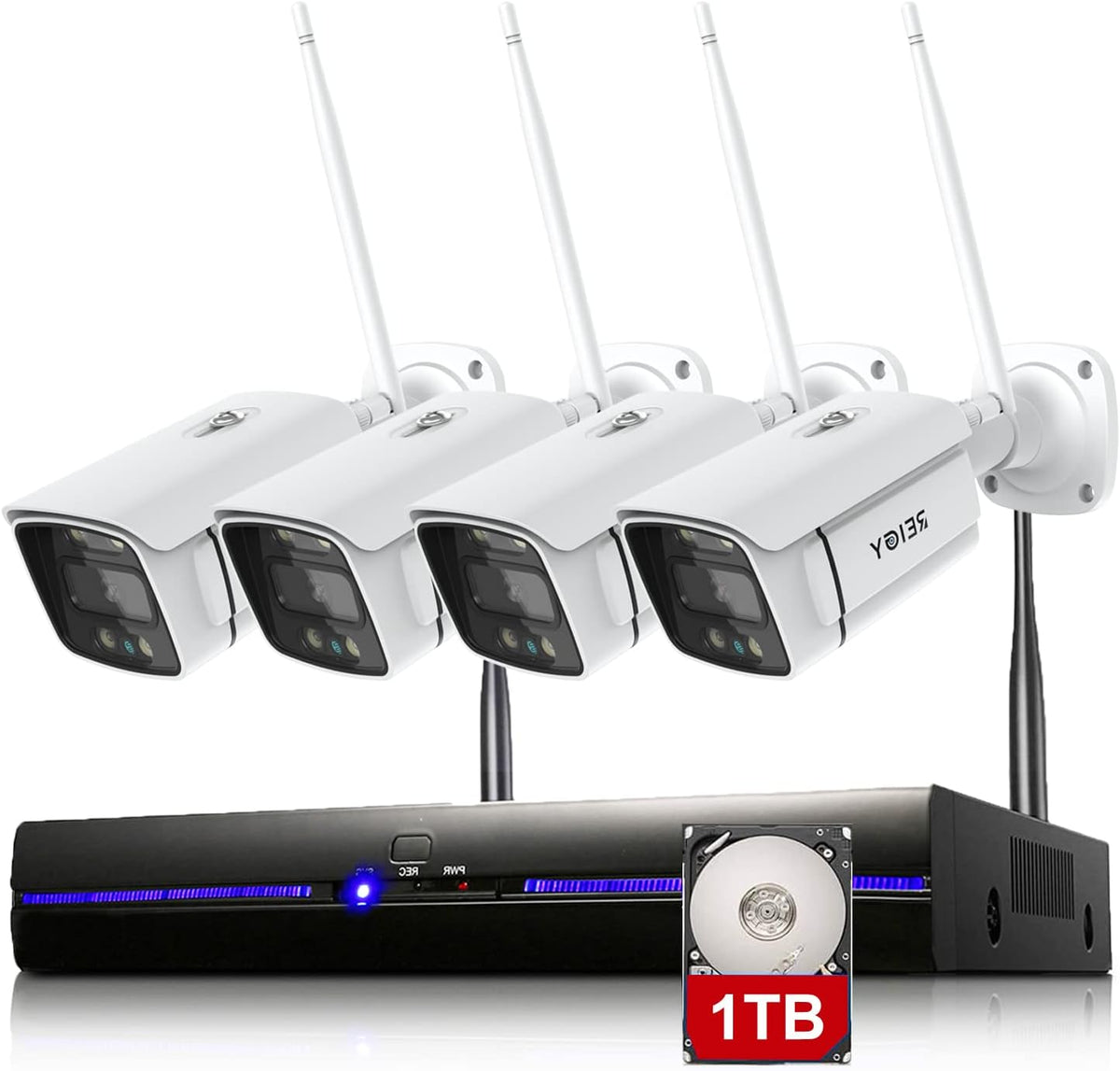 REIGY kit de cámaras de seguridad WiFi - 4 cámaras de 3 MP con vídeo 1296p y foco - NVR de 8 canales con disco duro de 1 TB - Visión nocturna en color y detección de movimiento