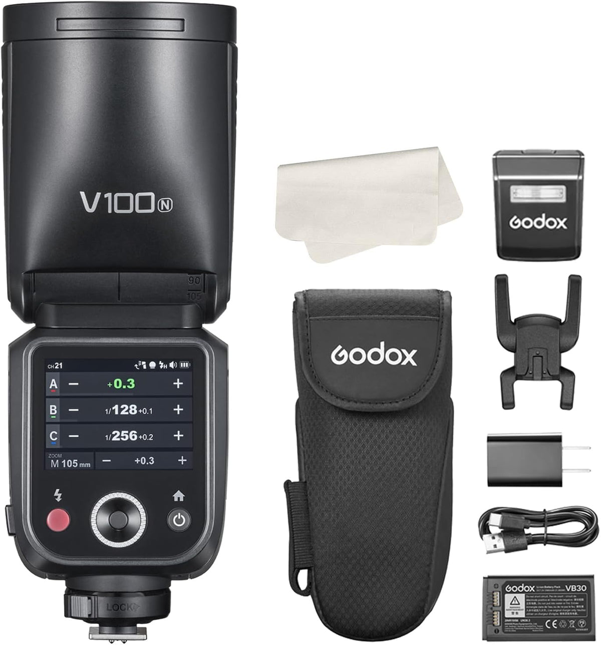Godox V100N - Flash TTL de 100 Ws para cámaras Nikon - Pantalla táctil HSS 1 a 8000 s y flash auxiliar desmontable - Sistema X 2,4 GHz con batería USB C recargable