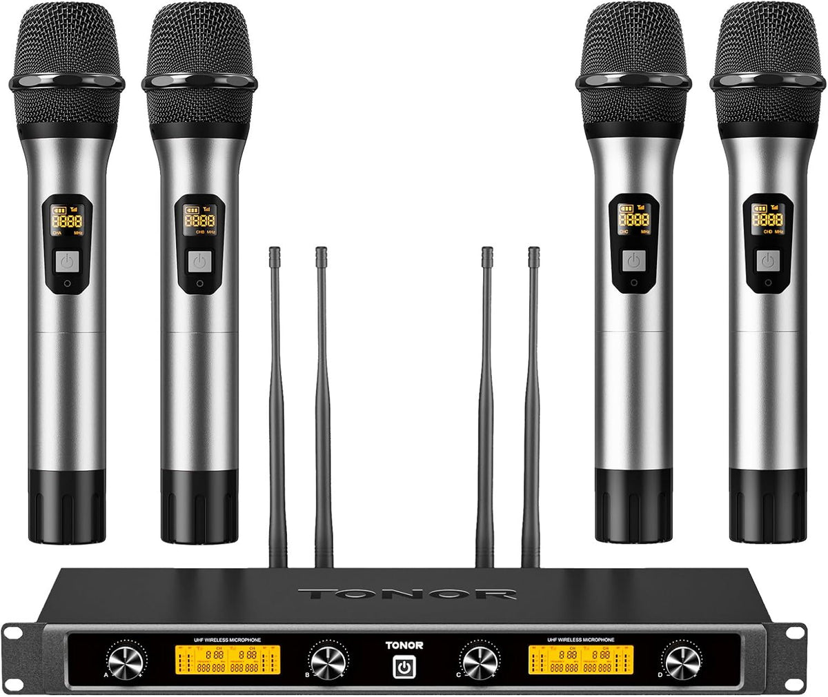 TONOR TW840 - Sistema inalámbrico UHF con 4 micrófonos de mano metálicos - 4 grupos de 5 canales y alcance de 90 m - Para karaoke bodas iglesia DJ reuniones y sistemas PA