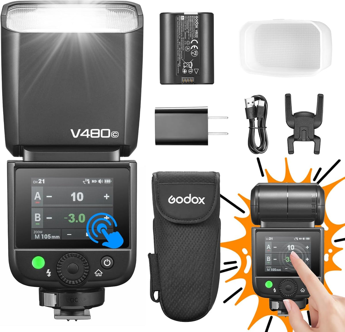 Godox V480C flash TTL para Canon - Número guía 50 y HSS 1 a 8000 s - Batería de 7,2 V y 2200 mAh - Sistema inalámbrico 2,4 GHz y hasta 650 destellos