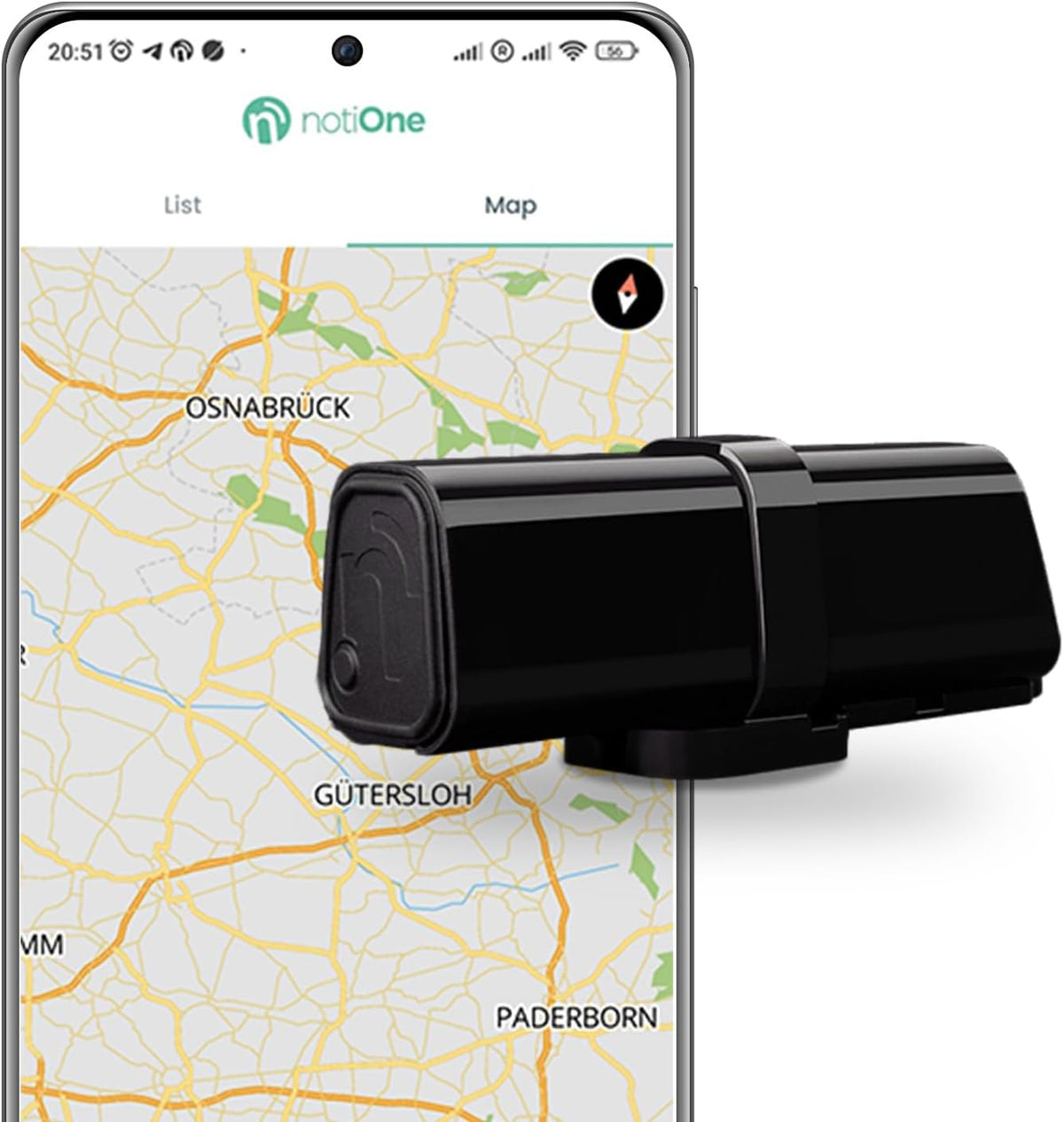 notiOne GPS Plus - Mini localizador sin suscripción con alarma y control por aplicación - Historial de ubicaciones y alertas de movimiento - Para coche moto bicicleta y uso personal en Europa