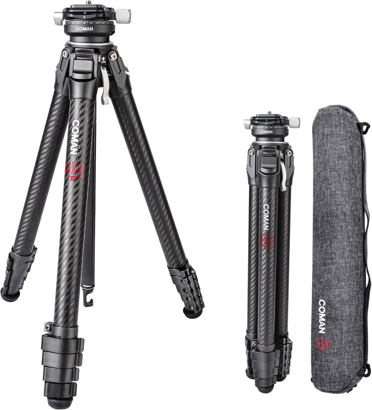 COMAN Zero Y - Trípode de fibra de carbono y aluminio con rótula panorámica - Altura máxima de 158 cm y carga de 18 kg - Arca Swiss giro 360 grados para cámara móvil y videocámara