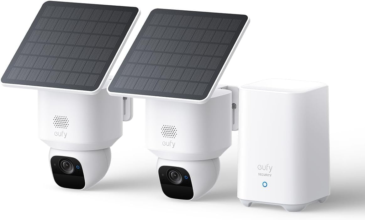 eufy Security SoloCam E30 - Kit de 2 cámaras solares WiFi exteriores 2K con HomeBase 2 - Panorámica de 360 grados y seguimiento por IA - Montaje mural para vigilancia exterior
