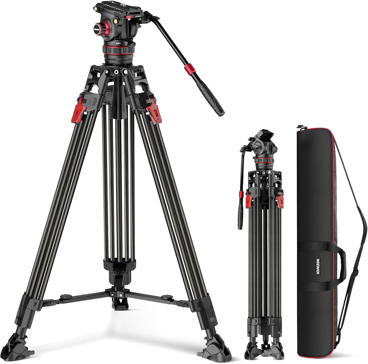 NEEWER LL37 trípode de vídeo - Fibra de carbono con altura máxima de 78 pulgadas - Cabezal fluido ajustable y liberación rápida - Carga de 10 kg y acabado negro rojo