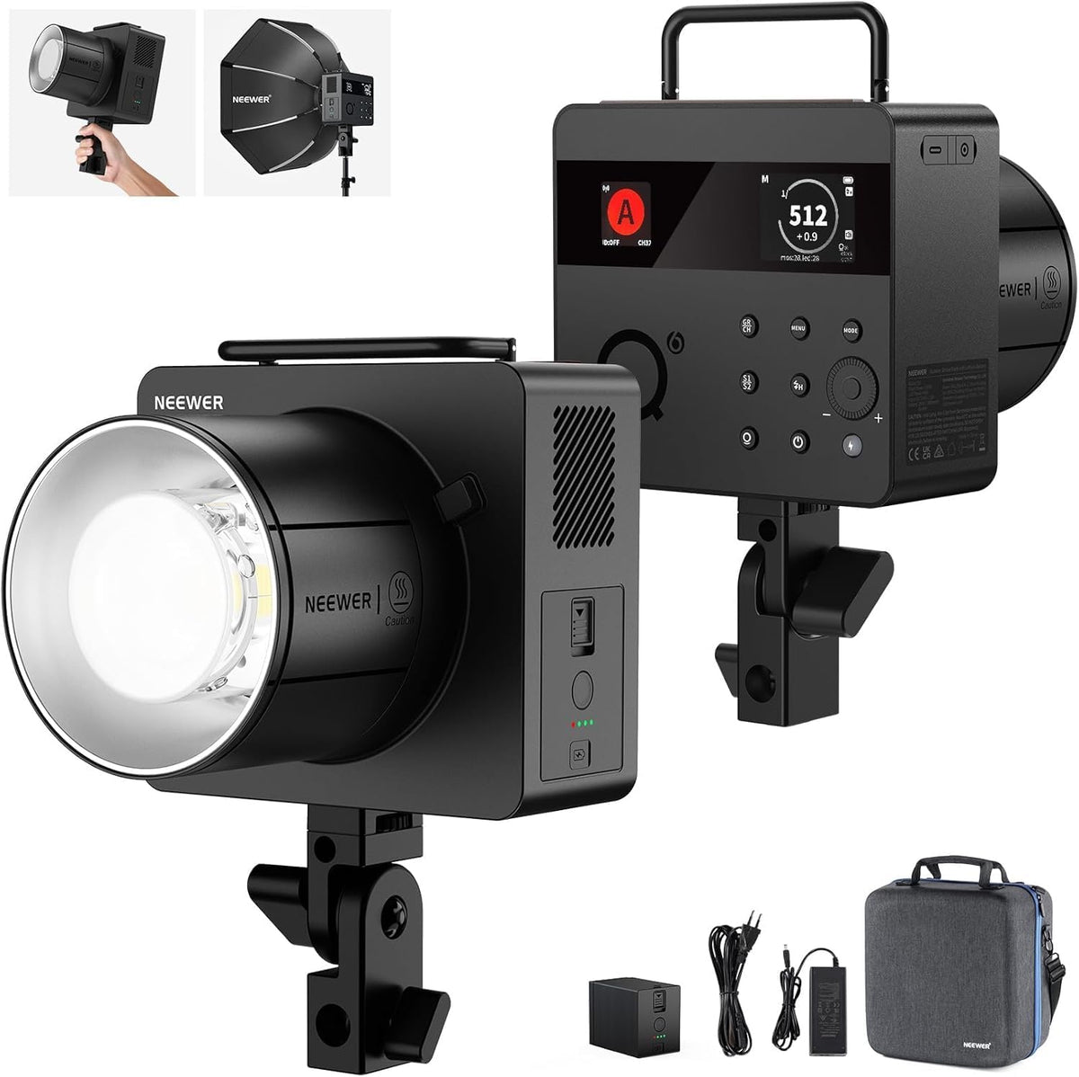 NEEWER Q6 - Flash de estudio portátil TTL de 600 Ws - HSS hasta 1 a 8000 s y ajuste de potencia de 1 a 512 - Batería 3000 mAh y lámpara LED bicolor de modelado de 30 W
