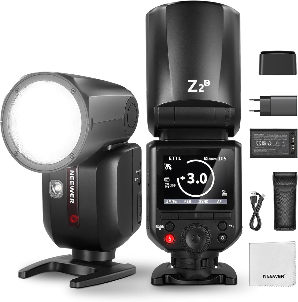 NEEWER Z2 C - Flash TTL de cabeza redonda 76 Ws compatible con Canon - HSS 1 a 8000 s y cambio rápido TTL manual - Sistema 2,4 GHz batería 2600 mAh y luz de modelado
