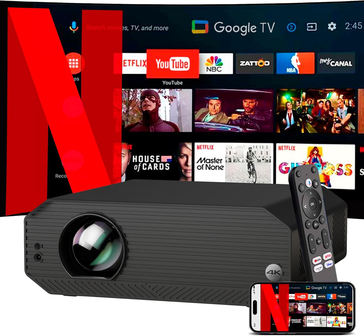 Unicview K5000 proyector 4K - Full HD 1080p y 1800 lúmenes ANSI - Google TV enfoque motorizado y Keystone 4D - WiFi 6 HDMI USB C y altavoces de 10 W