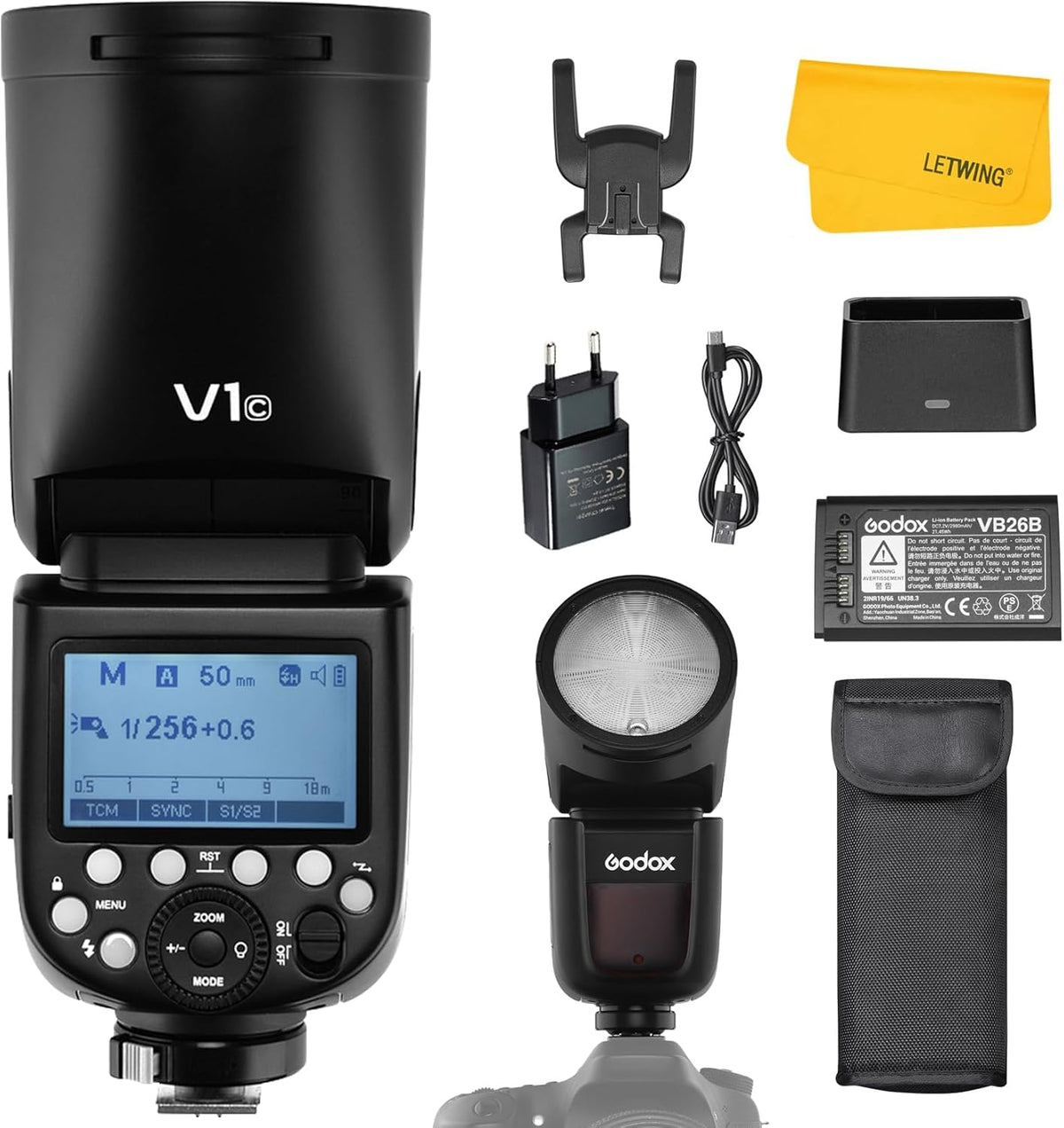 Godox V1 C - Flash de cabezal redondo 76 Ws para Canon - Batería 2600 mAh y sistema inalámbrico Godox X 2,4 GHz - Para Canon 6D 7D 50D 60D 1DX y serie 5D Mark