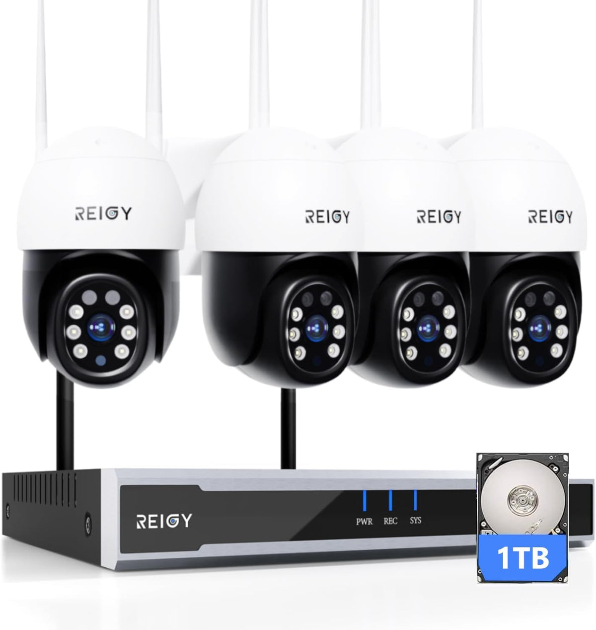 REIGY kit de vigilancia WiFi 5 MP - 4 cámaras PT con vídeo 2880 x 1620p - NVR de 16 canales y disco duro de 1 TB - Visión nocturna en color audio bidireccional y sirena