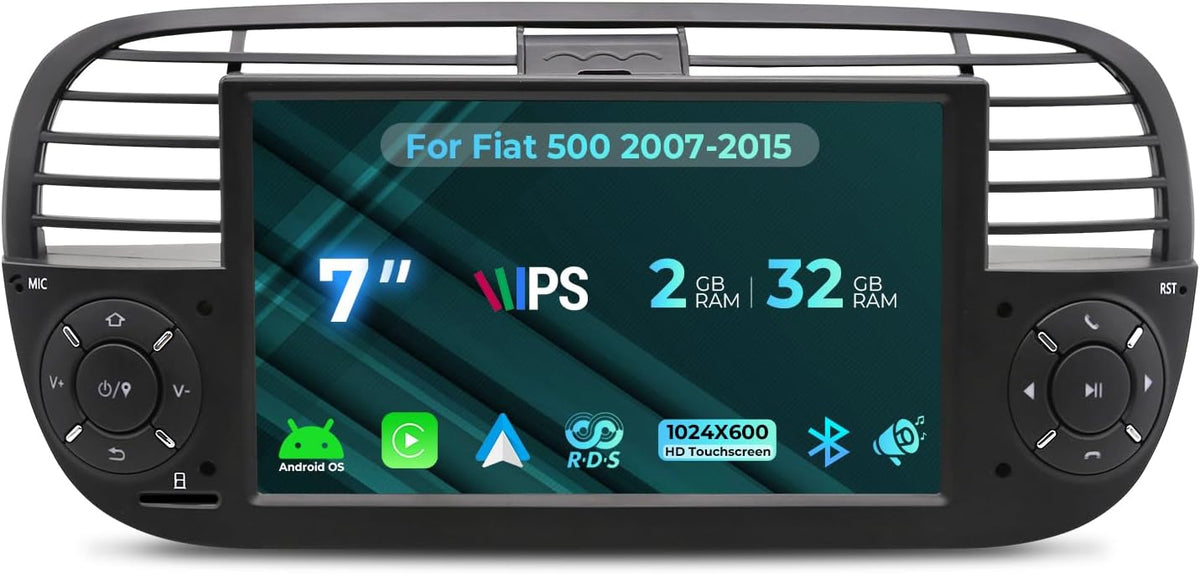 Radio Android para Fiat 500 2007 a 2015 - Pantalla de 7 pulgadas con 2 GB RAM y 32 GB - CarPlay Android Auto inalámbricos y GPS - Bluetooth WiFi FM RDS DSP y SWC