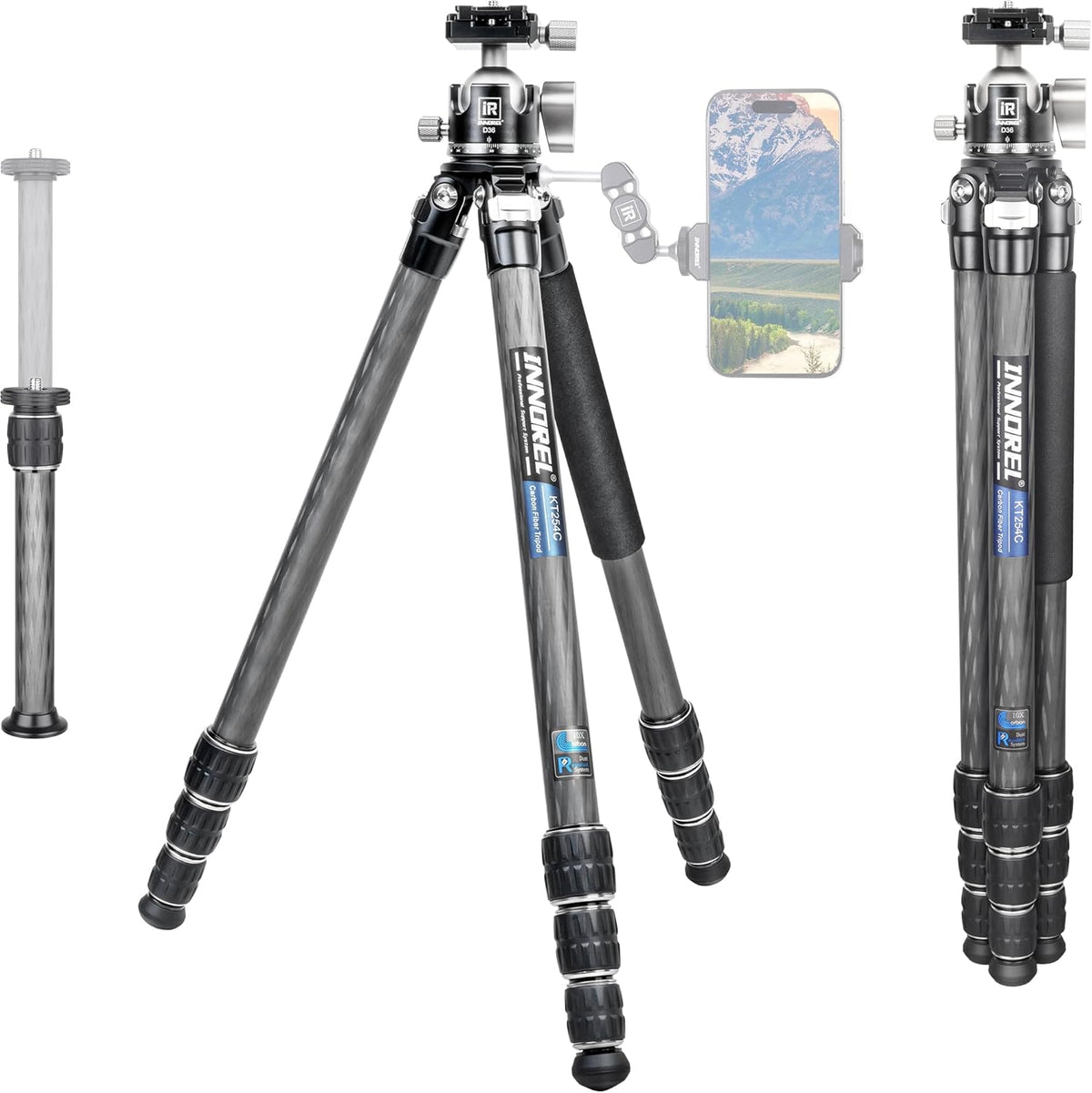 INNOREL KT254C D36 trípode de viaje - Fibra de carbono con altura máxima de 173,5 cm - Rótula de bola panorámica de bajo centro de gravedad - Carga máxima de 20 kg