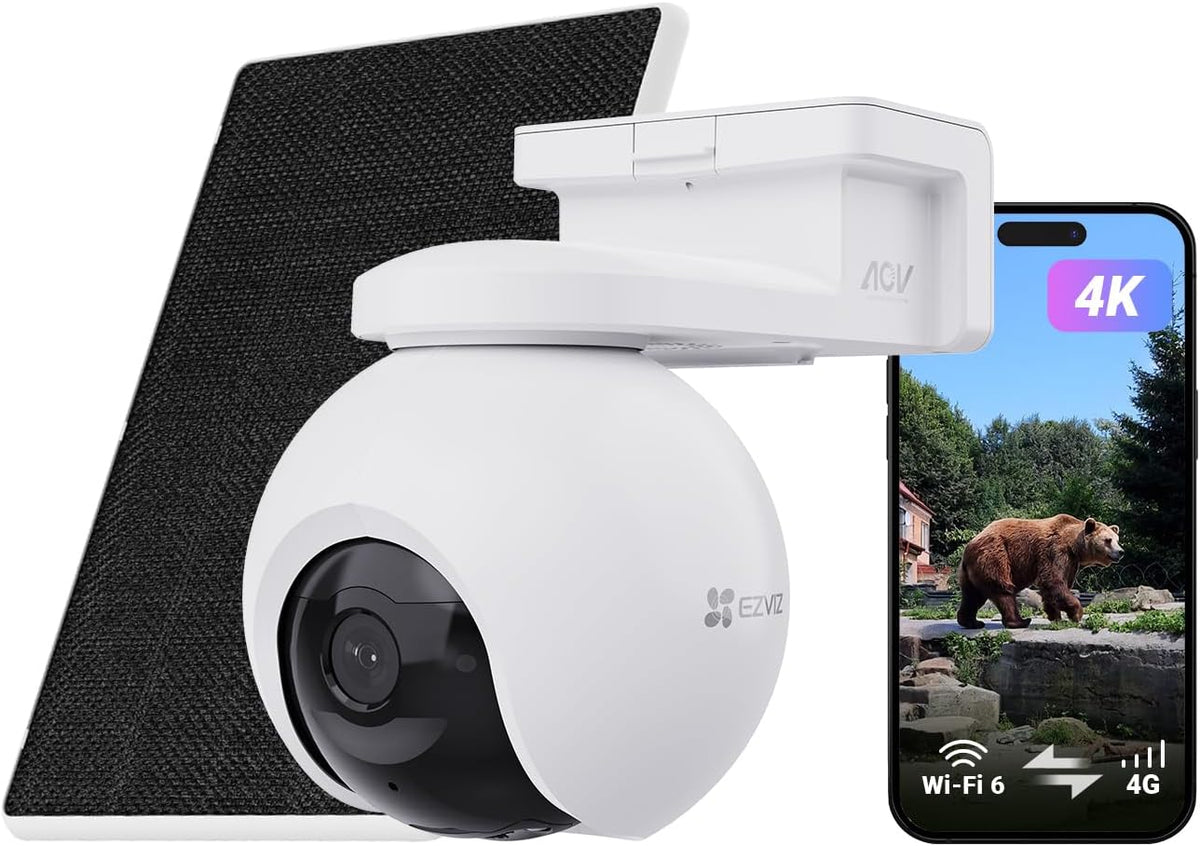 EZVIZ EB8 Pro 4G - Cámara exterior 4K con batería y panel solar de 8 W - PTZ 360 grados con AOV y conexión 4G - Detección de animales personas vehículos y seguimiento con zoom
