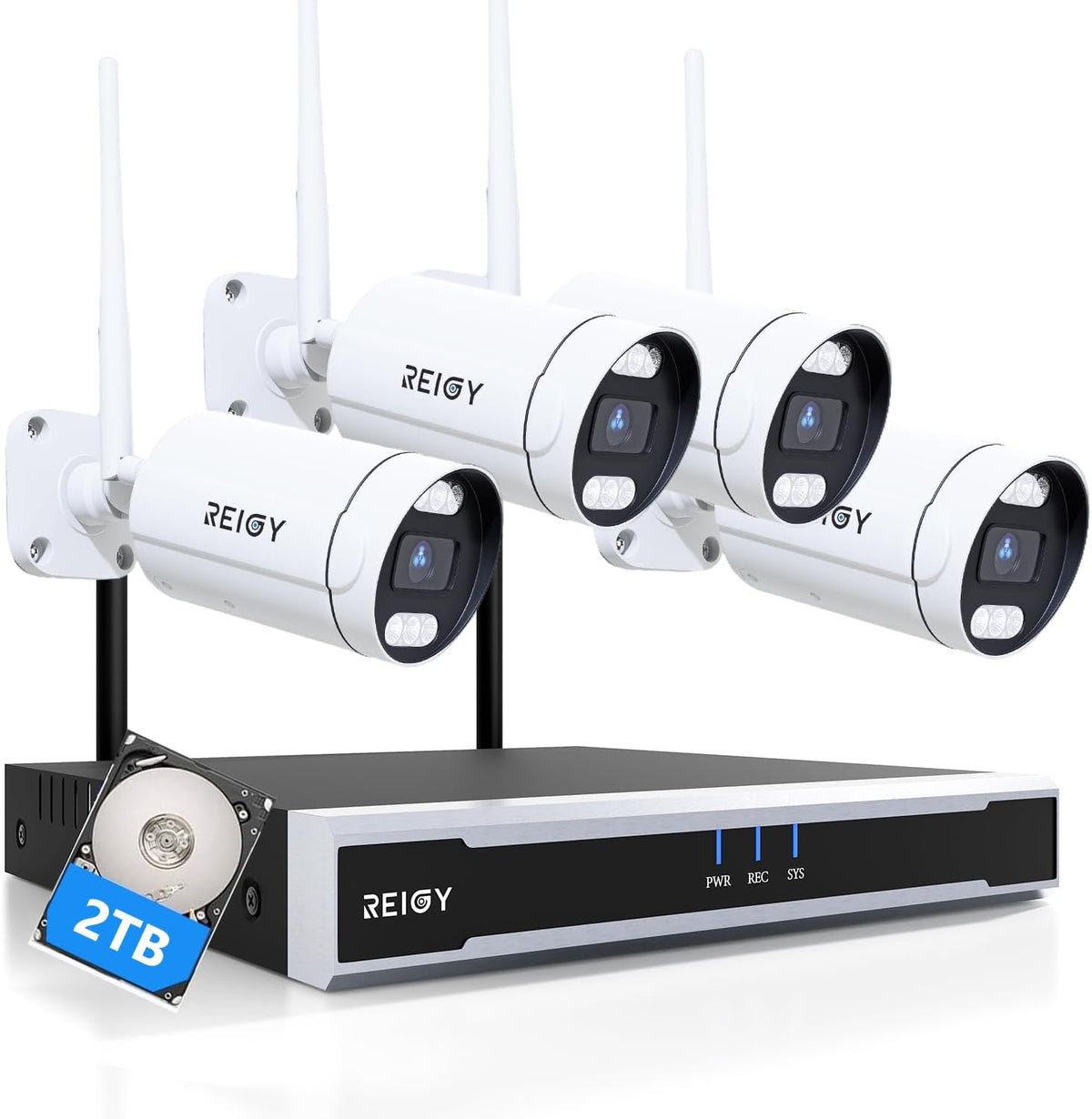 REIGY 8 MP - Kit de 4 cámaras 4K 2160P con NVR de 16 canales - Disco duro de 2 TB y protección IP66 - Visión nocturna audio bidireccional y detección de movimiento