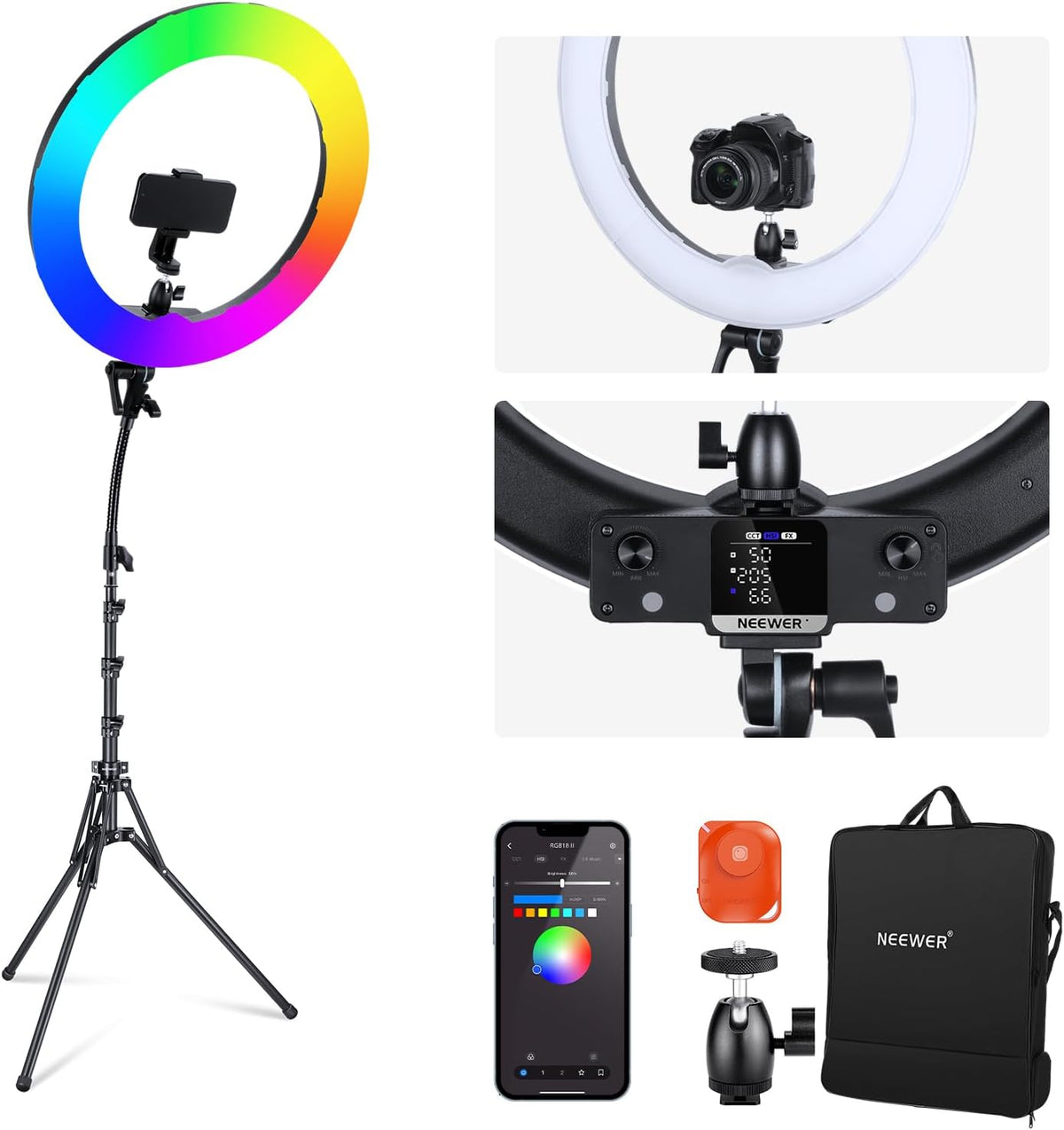 NEEWER RGB18 II - Aro de luz LED RGB de 18 pulgadas y 42 W - Temperatura de 2500 a 10000 K con CRI 97 y TLCI 98 - Trípode soporte móvil Bluetooth y 18 escenas