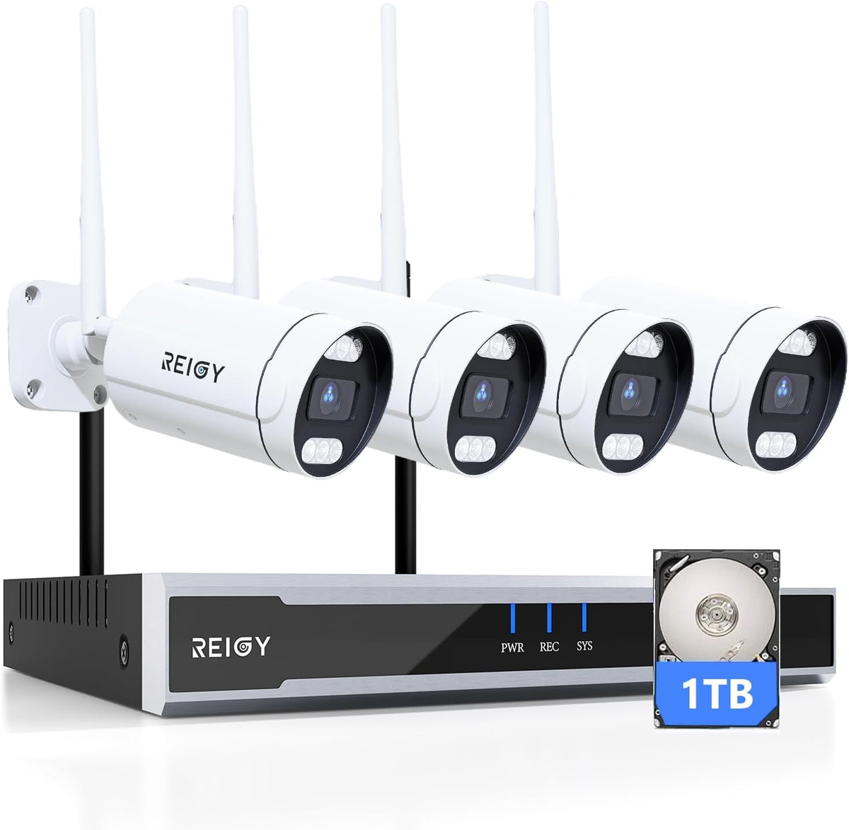 REIGY 5 MP - Kit WiFi de 4 cámaras 1920P con NVR de 16 canales - Disco duro de 1 TB y visión nocturna - Audio bidireccional detección de movimiento sirena y control por app