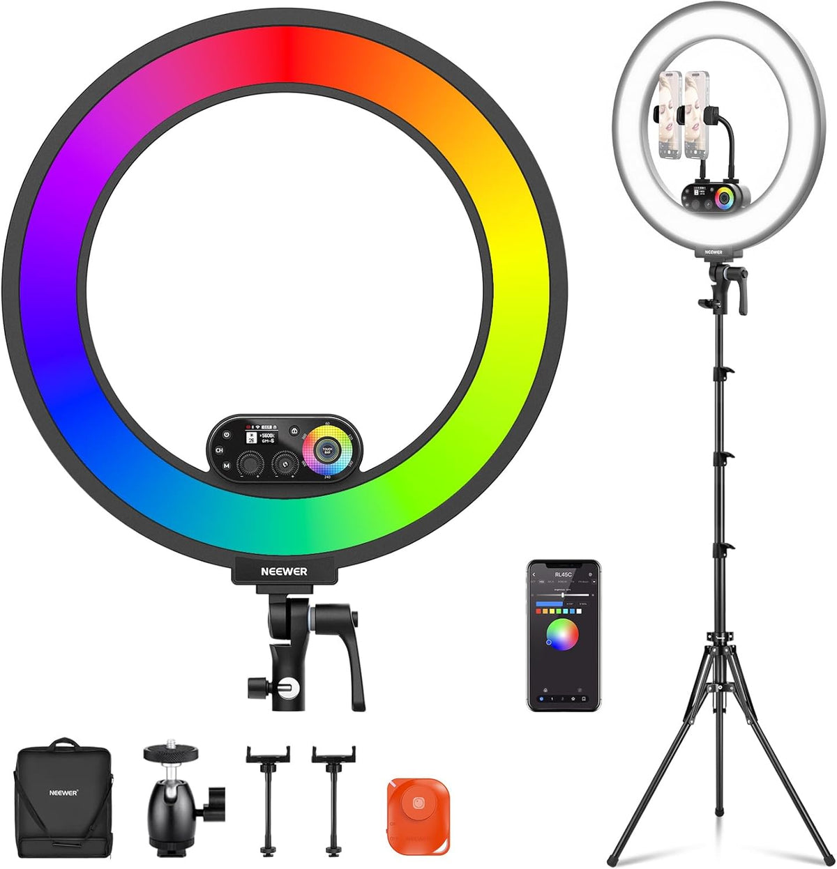 NEEWER RL45C de 18 pulgadas - Aro de luz RGB con trípode y soporte para teléfono - Control por aplicación mando y 2,4 GHz con ajuste de 360 grados - Para selfie maquillaje y grabación de vídeo