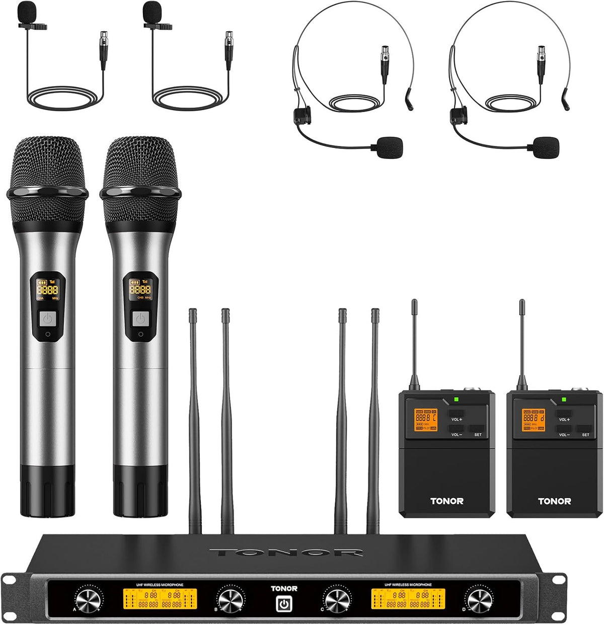 TONOR TW842 - Sistema inalámbrico UHF de 4 canales con micrófonos y petacas - Alcance de hasta 90 m con 4 grupos de 5 frecuencias - XLR para canto karaoke clases y eventos