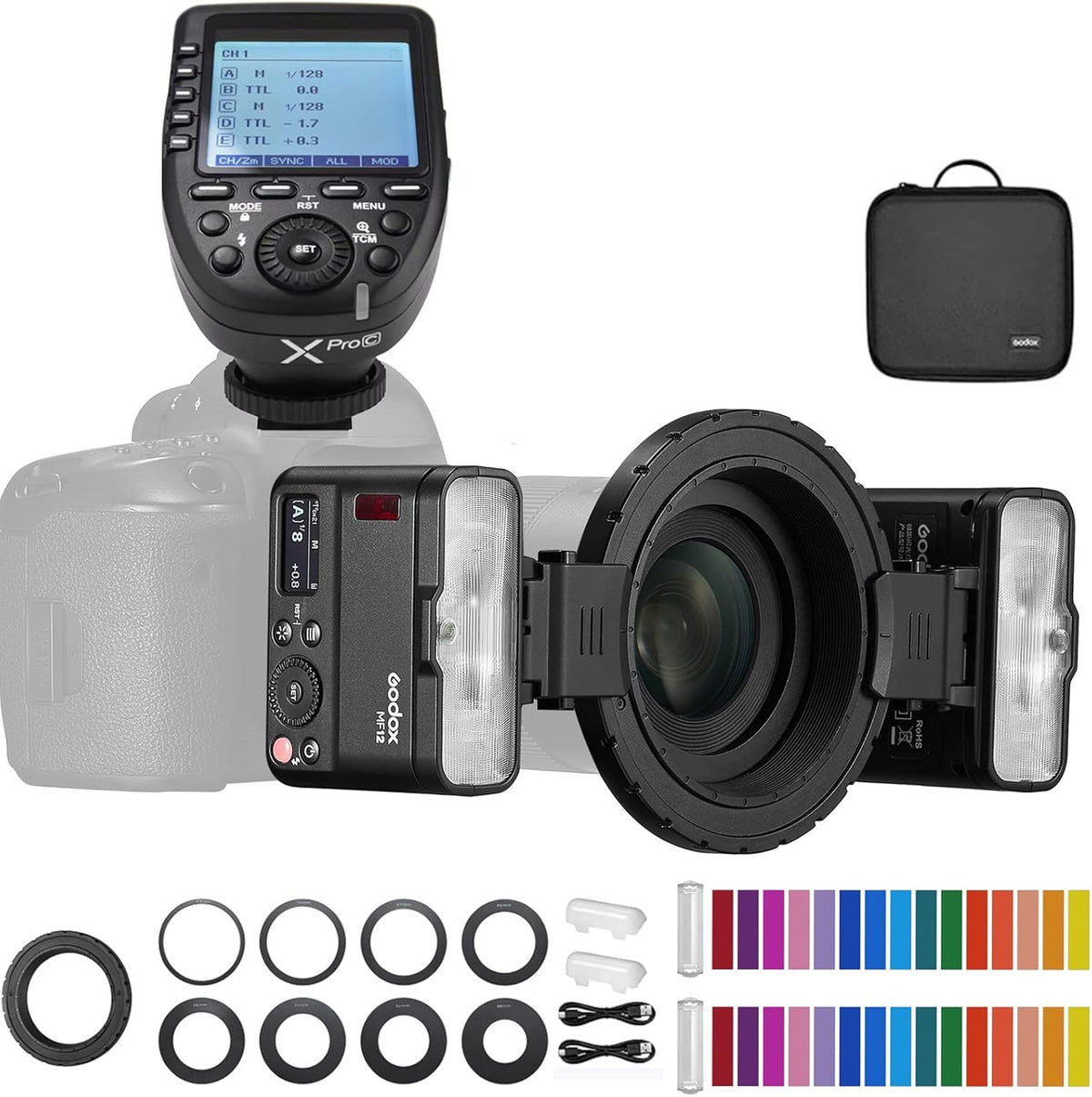 Godox MF12 K2 - Kit de flash macro TTL de 12 W con disparador Xpro C para Canon - Sistema inalámbrico 2,4 GHz y modo TTL manual - Batería de litio integrada para primeros planos