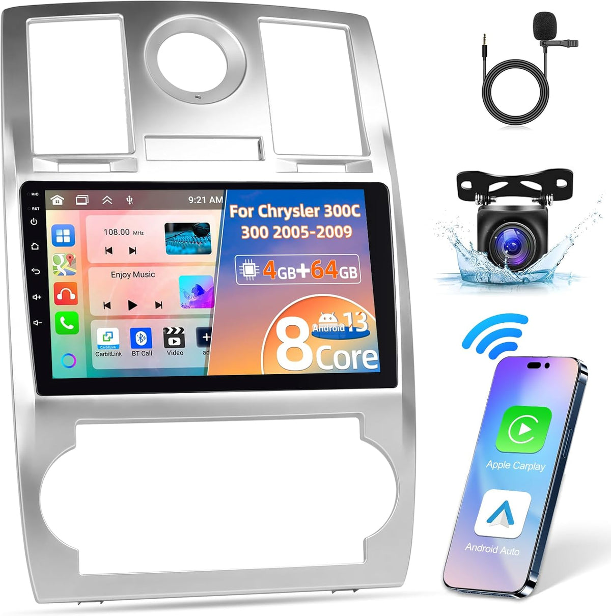 Radio Android para Chrysler 300 y 300C - Pantalla táctil de 9 pulgadas con 8 núcleos 4 GB RAM y 64 GB - CarPlay Android Auto GPS DSP WiFi - Cámara y micrófono incluidos