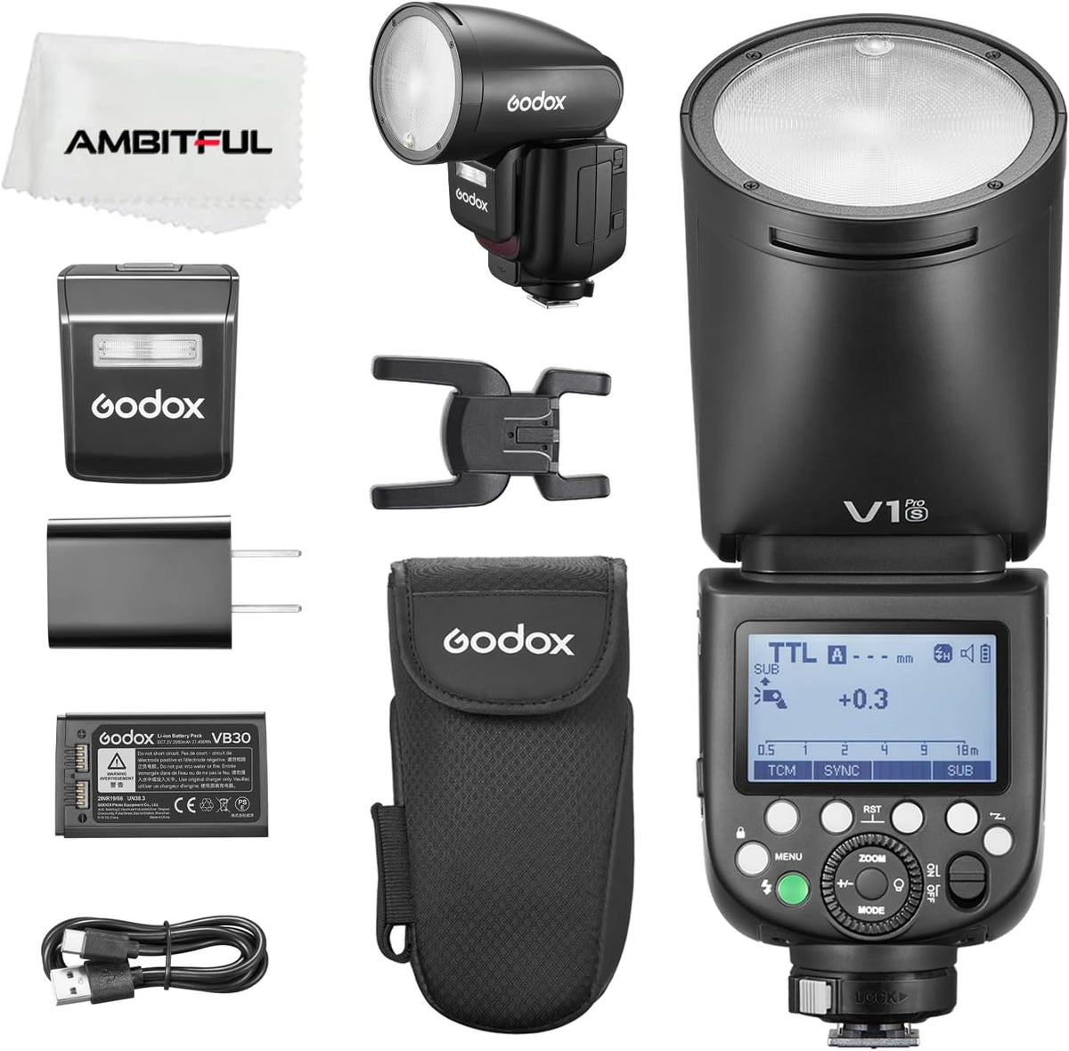 Godox V1Pro S - Flash TTL de cabezal redondo 76 Ws para Sony - Sistema X inalámbrico 2,4 GHz y flash auxiliar SU 1 - Batería VB30 con USB C y accesorios de transporte