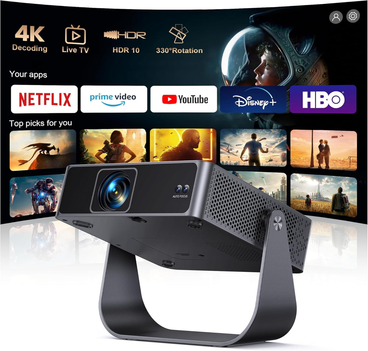 Proyector portátil Smart - Full HD 1080P nativo compatible con 4K y HDR10 - Netflix oficial TV en directo WiFi 6 Bluetooth 5.2 - Autoenfoque corrección automática y giro de 330 grados